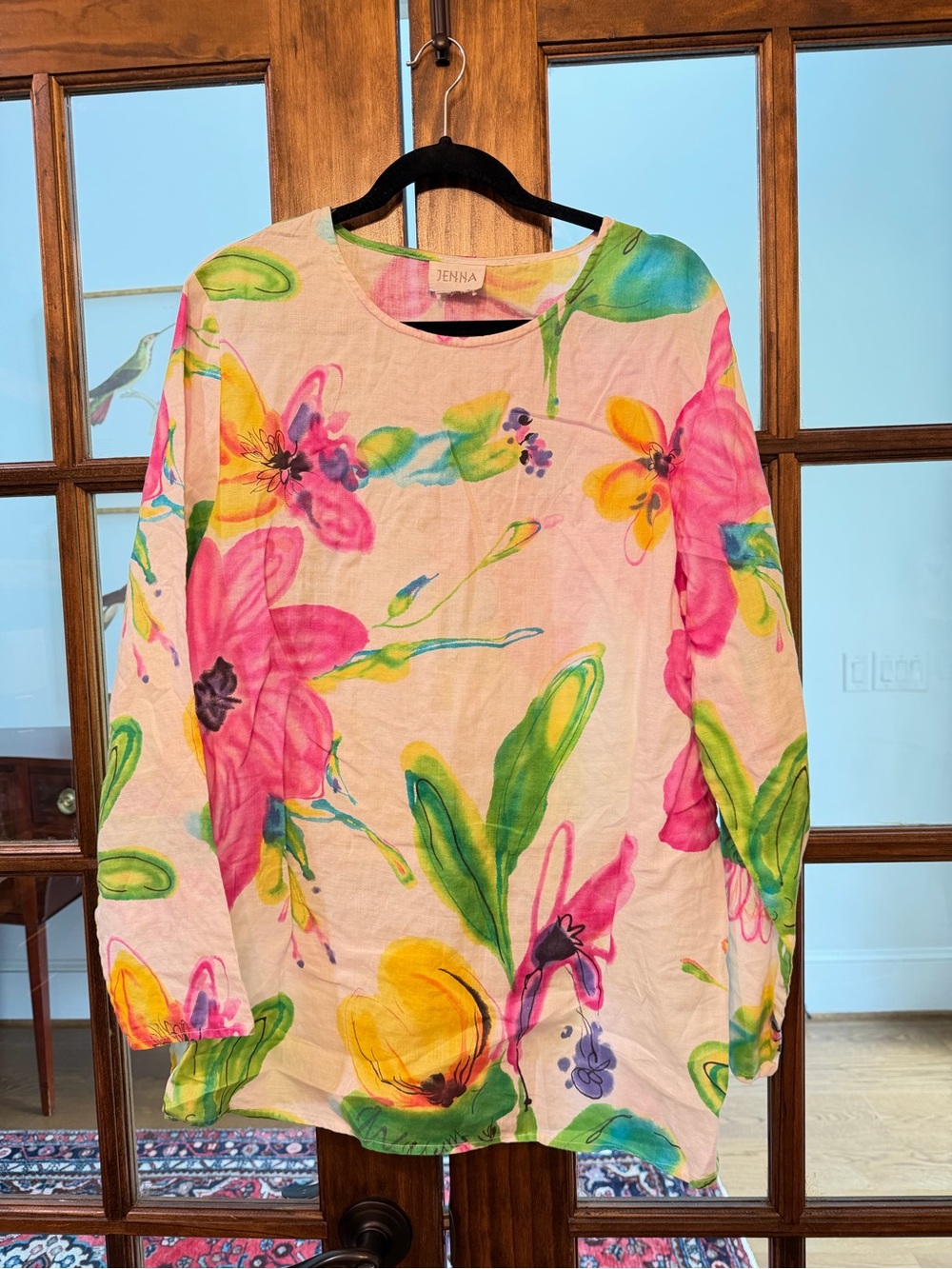 Zenska Floral Linen Tunic - Pink, Green & Yellow